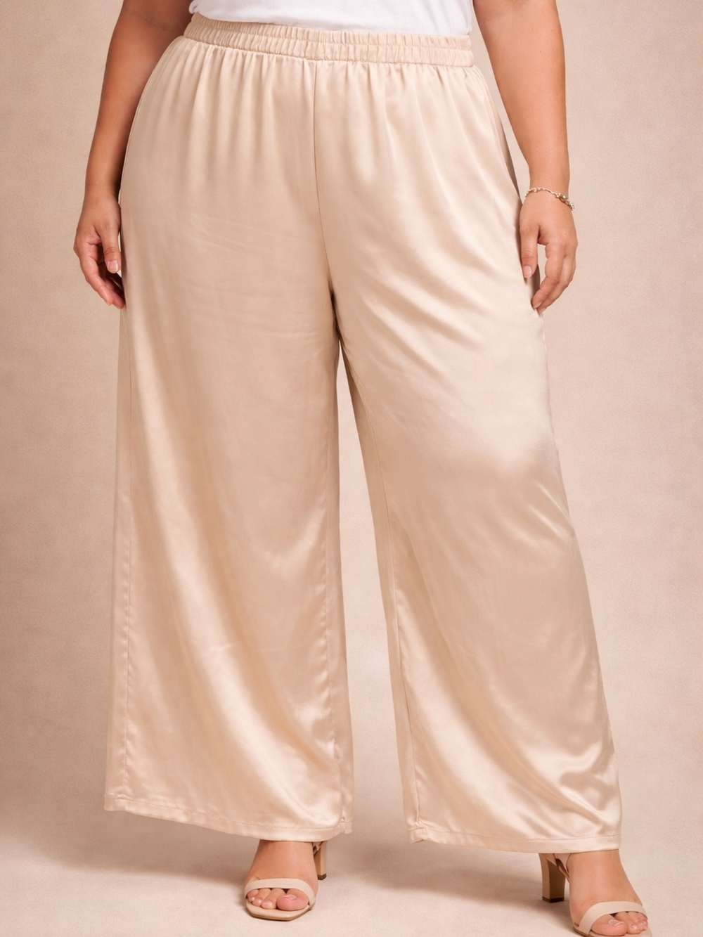 Marla Wynne Champagne Cream Satin Wide Leg Pants Plus Size 2X